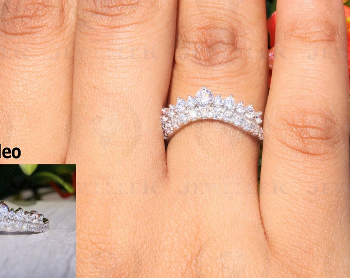1.34CTW Round Heart & Arrow Colorless Moissanite Wedding Band, Crown Curved Set, Double Layer Band, Anniversary Gift Ring,Full Eternity Ring