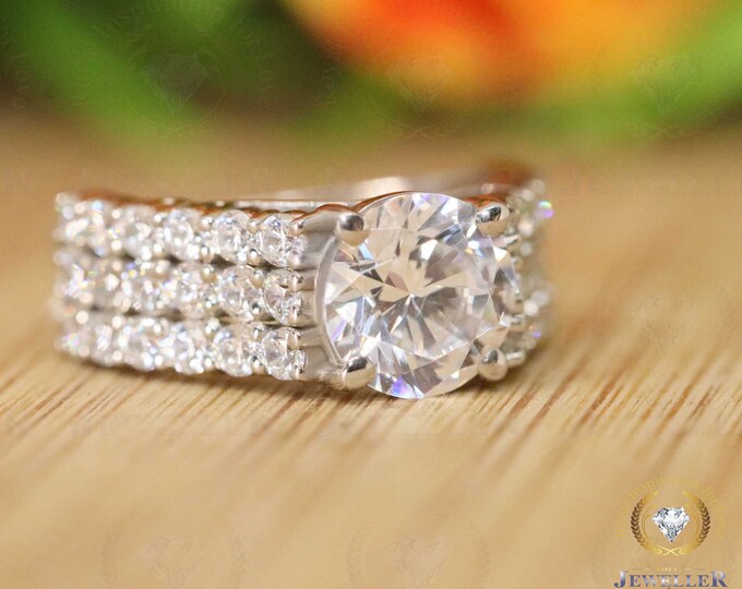 7.46Ctw Round Cut Colorless Moissanite Paved Ring, Three Row Cathedral Setting Shank Ring, 14K White Gold Engagement Ring/ Anniversary Ring