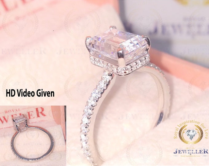 3.67Ct Hidden Halo Colorless Moissanite Engagement Ring Emerald Cut Moissanite Wedding Ring White Gold Solitaire Ring Promise Ring For Her