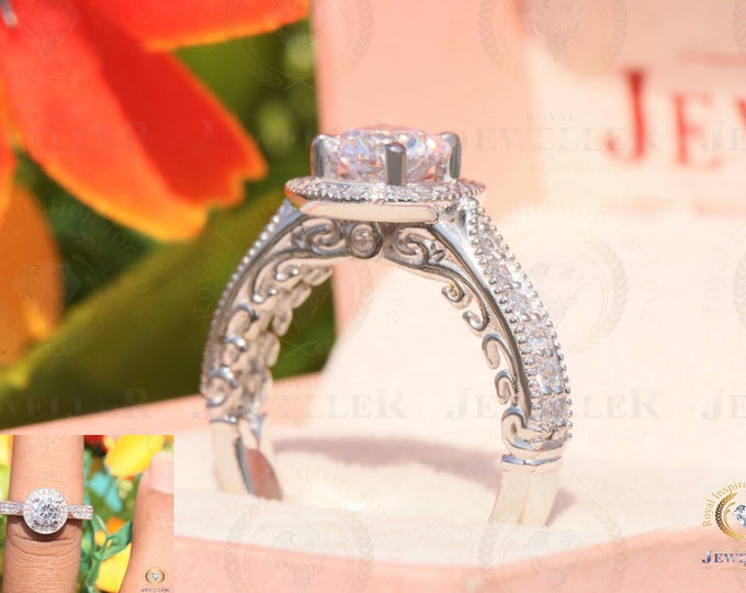 Antique Halo Colorless Round Cut 3.21CTW Moissanite Engagement Ring Accented Moissanite Gold Wedding Ring, Anniversary Ring, Forever Gift