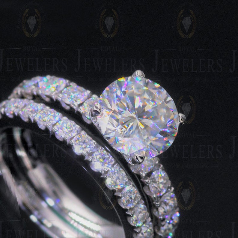 2.43Carat Forever One Moissanite Round Cut Solitaire Engagement Ring /& Full Eternity Wedding Band Wedding Ring Set in 14K Solid White Gold