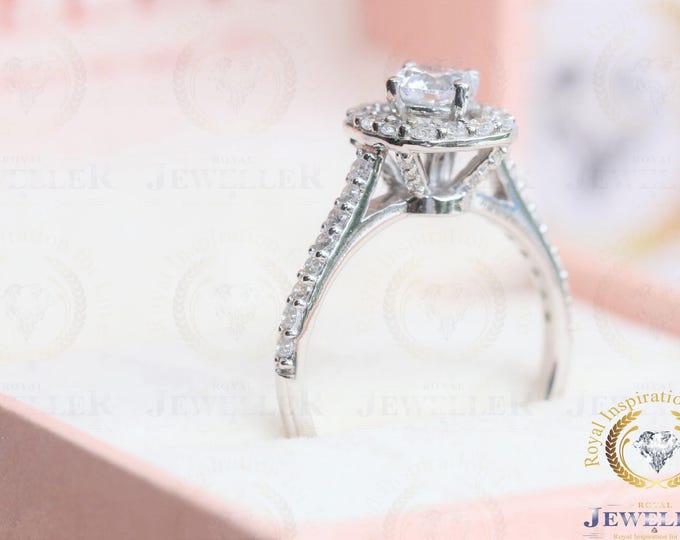 2.34CT Round Moissanite Halo Bridal Ring, 14K White Gold