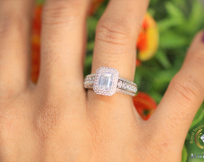 Bezel Set Moissanite Ring For Gift, Moissanite Engagement Ring Emerald Cut Colorless 2.25Ct Moissanite Ring Halo Wedding Ring For Her