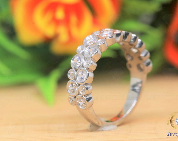 Round cut moissanite wedding band delicate white gold wedding band, Inspired Unique Bezel Setting Half eternity Stacking Bridal Promise ring
