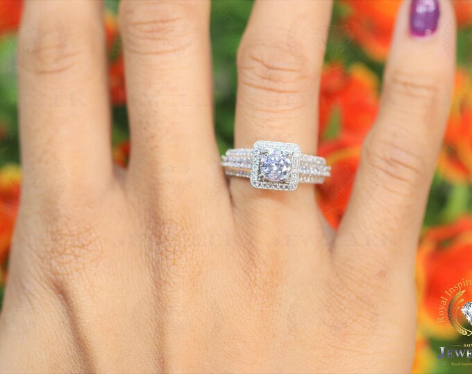 3.54CTW Round Cut Colorless Moissanite Ring, Halo Ring Engagement Ring, Wedding Ring, Custom Princess Shape, 14Kt White Solid Gold Ring