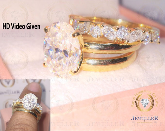 Bridal Sets, Oval 3.78Ct Colorless Moissanite Ring, Wedding Band,Solitaire Ring, Wedding Ring Set,Yellow Gold Engagement Ring, Trio Set Gift