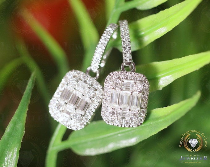 4.87CTW Baguette Colorless Moissanite Stone, 14K White Gold Halo Earring, Hook Back Earrings, Dress Earring 0.76Ct Moissanite On Accent