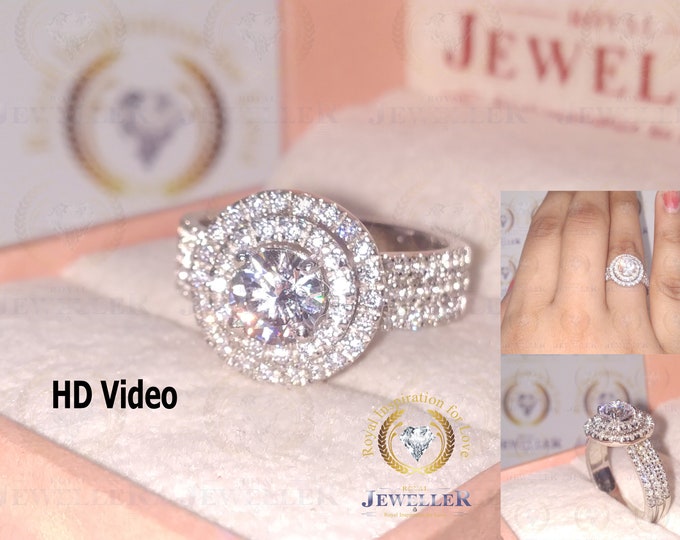 Double Moissanite Halo, Three Row Shank Ring 1.21CT Colorless Moissanite Center / Solid Gold Moissanite Multi-Row Moissanite Engagement Ring
