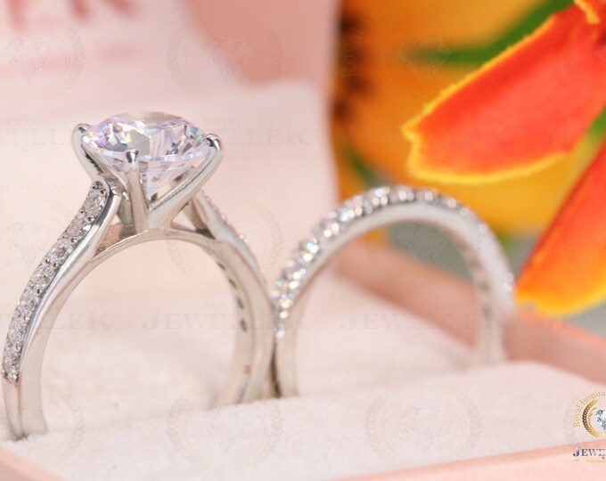 2.34CTW Round Colorless Moissanite, 0.67Ct Accented Moissanite Engagement Ring, Six Prongs Ring, Anniversary Gift, Bridal Set, Matching Band