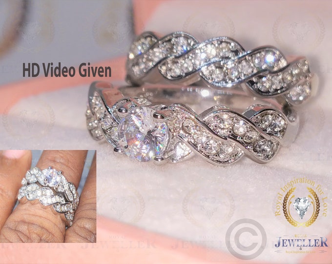 Round Cut Colorless Moissanite Solitaire Engagement Ring Set With Criss-Cross Matching Band White Gold Ring, Anniversary Set, Wedding Set