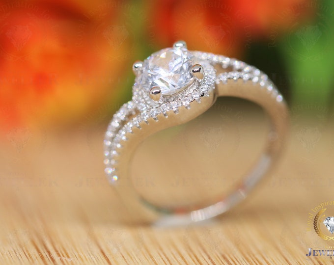 3.21CTW Round Colorless Moissanite Engagement Ring, Halo Split Shank Wedding Ring, White Gold Anniversary Gift Promise Ring, Proposal Ring
