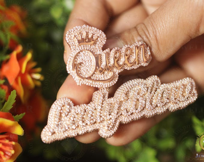Custom Name Queen Pendent, Hip Hop VVS1 Round Colorless Moissanite Pendant,Alternate Real Diamond Pendant,  Rose Gold Plated Charm Pendant