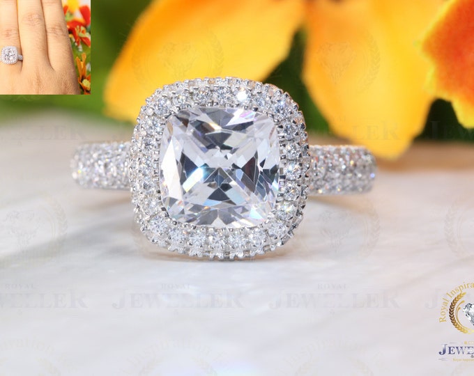 3.21C Total Weight Cushion Halo Colorless Moissanite Engagement Ring/14K White Gold Moissanite Ring for Women/Art Deco Wedding Bridal Ring