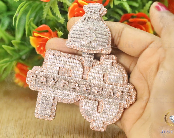 VVS1 Colorless Moissanite Custom Logo Pendent, Hip Hop Moissanite Pendant, Alternate Real Diamond Iced Out Pendant, Rose Gold Plated Pendant