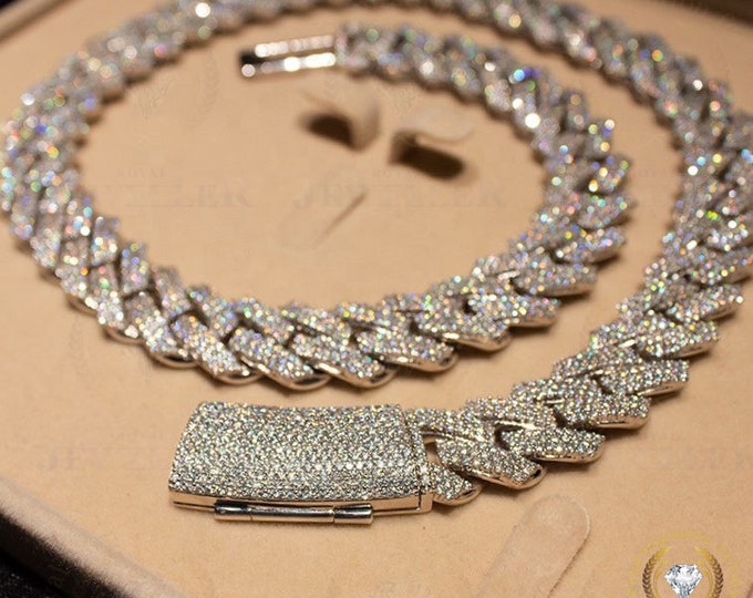 15mm 45CTW  VVS1/Colorless Moissanite Prong Link Cuban Chain, Hip Hop Monaco Cuban Link Chain Necklace, Iced Out 22" Chain White Gold Plated