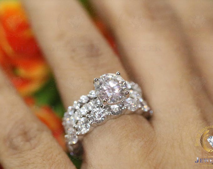 13.23CTW Round Colorless Moissanite Bridal Sets, Bridal Ring SetTrio Ring Sets, Engagement Ring Sets, Anniversary Ring Sets, 14K White Gold