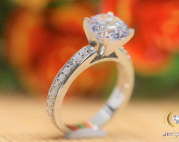 2.93CTW  Round Moissanite Engagement Ring, 14Kt Solid White gold Surface Channel Ring, Cathedral Style Wedding Ring, Delicate Ring For Gift