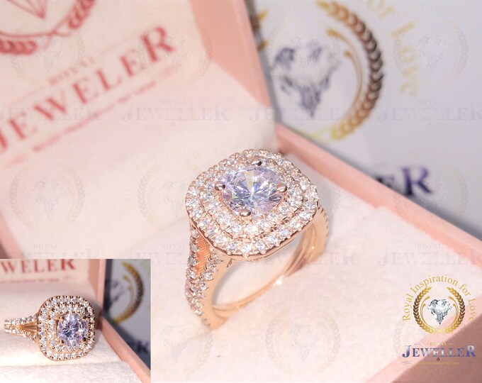 1.12Ct Round Cut Forever One Moissanite, Eternity Engagement Ring, Double Halo 0.76Ct DEF Accent Moissanite Rose Solid Gold Ring For Gift