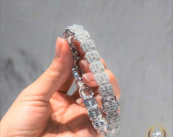 29.86CTW Colorless Moissanite Hip Hop Bling Buss Down Iced 12mm Width Cluster Halo Tennis Baguette Moissanite Bracelet White Gold Plated
