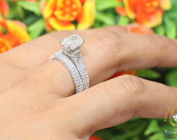 4.57CTW Radiant Colorless Moissanite Engagement Gold Ring, Anniversary Moissanite Paved Bridal Sets, 2.2Ct Side Moissanite, Wedding Ring Set