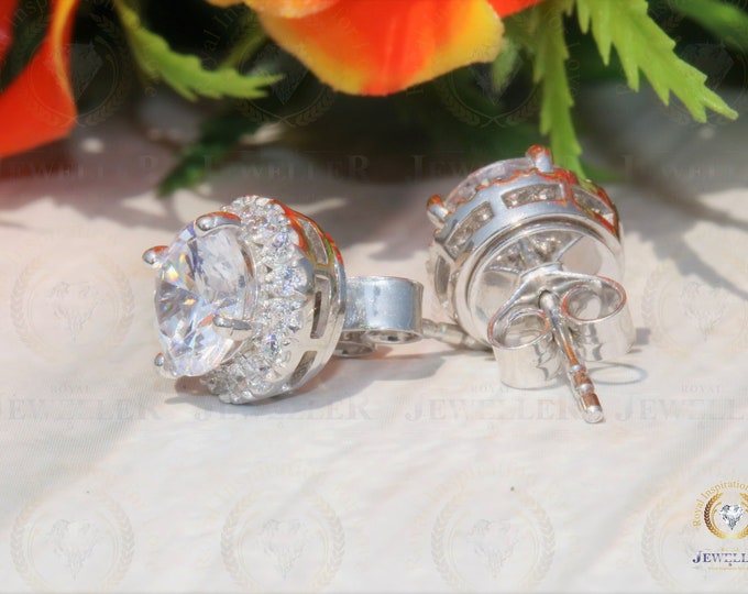 3.78 TCW Round Cut Colorless Moissanite Halo Earrings, Push Back/Screw Back Earrings, Wedding Stud Earrings for Women, Anniversary Gifts