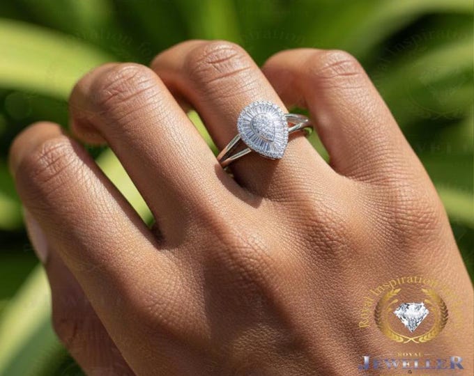 Pear Cut Moissanite Engagement Ring, 14K White Gold Double Halo