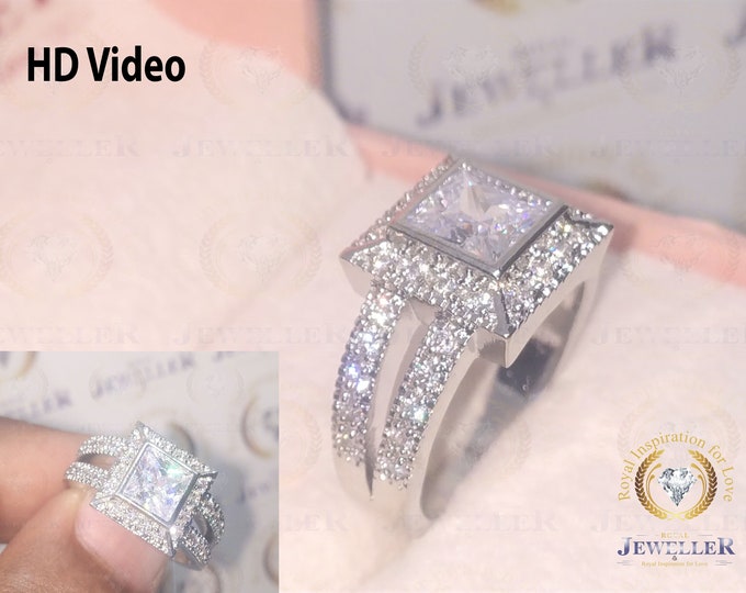 Halo Engagement Ring with Pave Setting, 2.78TW Princess Cut Colorless Moissanite Wedding Ring,14K White Gold, Split Shank Ring, Bridal Ring