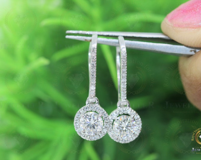 Certified 1.82Ctw Round Cut Colorless Moissanite Hook Earring, 14K Solid White Gold Earring, Moissanite Bridal Wedding Earring, Gift For Mom