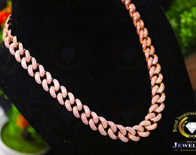 62.36CTW VVS Colorless Moissanite Halo Miami Cuban Link 925 Rose Gold Plated, Hip Hop Cuban 20mm Width , 24" Iced Out Moissanite Men's Cuban