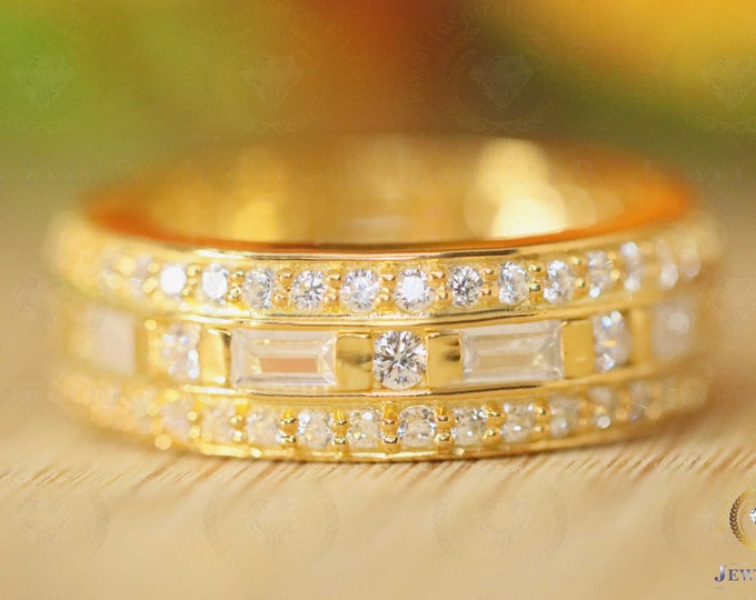 3.68CTW Colorless Moissanite Round & Baguette Channel Setting  14kt Yellow Gold Promise Band, Wedding Band, Anniversary Band, Wedding Gift