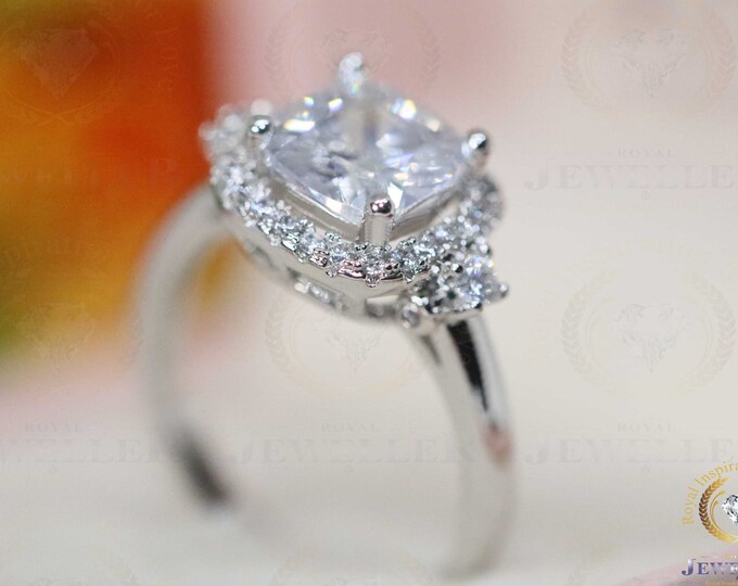 Three Stone Halo Colorless Moissanite 2.87Ct Cushion Cut Engagement Ring, Moissanite Wedding Ring, Halo Gold Ring, Halo Art Deco Ring
