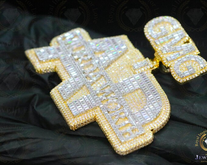 19.34Ctw Iced Out Custom Pendent VVS1 Colorless Baguette & Round Cut Moissanite, Miami Hip Hop Custom Pendent,2.8"x2.4" Pendent For Gift