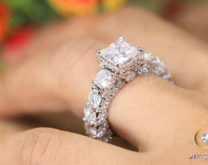 5.12Ctw Princess Colorless Moissanite Delicate Ring/ 3 Side Pave Shank/ White Gold Engagement Ring/ Anniversary Ring For Her/Luxurious Ring