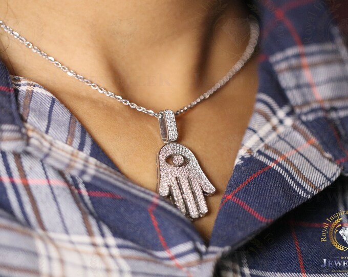 VVS1 Colorless Moissanite Regular Wear  Hamsa Hand Evil Eye Protection Pendant Necklace for Men & Women, Real White Gold Hamsa Hand Evil Eye