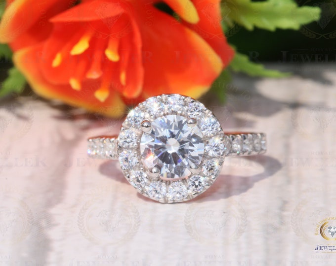 Colorless Moissanite Round Halo Wedding Ring /1.89 CT Round Moissanite 14K Solid Gold Ring /Moissanite Paved Sparkle Ring /Gift Ring For Her