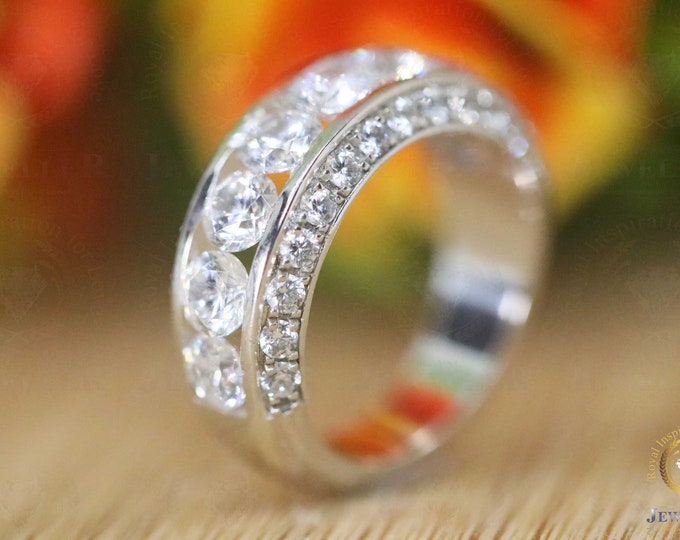4.29CTW Round Channel Set Half Eternity Colorless VVS Mossanite 14Kt White Gold Band For Men Colourless Round Moissanite Half Eternity Band