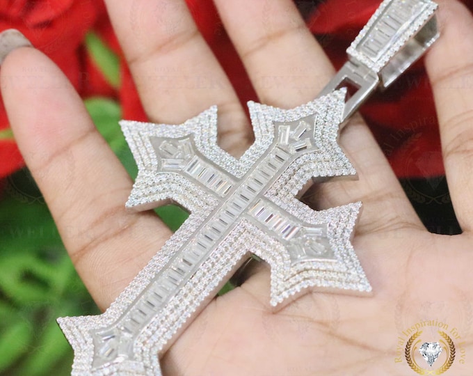 23.46CTW Baguette & Round Cut Moissanite Iced Out Cross Pendant/ Custom Cross Personalized Pendant Hip Hop Jewelry/ 14K White Gold Plated