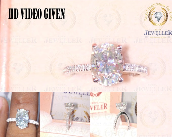 2.34CT Oval Cut Moissanite Engagement Ring Hidden Halo 14k White Gold Forever One Handmade Unique Moissanite Ring Art Deco Anniversary Ring