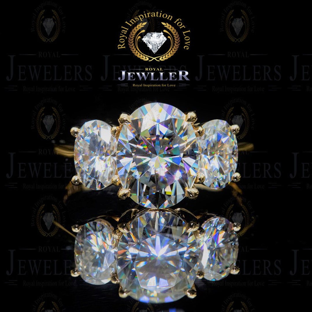 4.43ctw Elongated Oval Moissanite Three Stone 14k Gold Engagement Ring ...