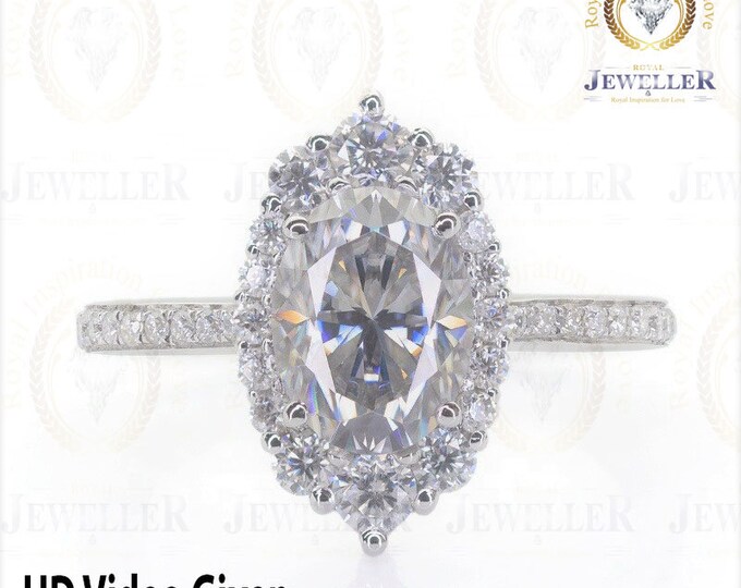 Platinum 950, 3CT Moissanite Ring Oval Cut Engagement Ring, Anniversary Wedding Ring, Halo Moissanite Halo Engagement Ring, Claw Prongs Ring