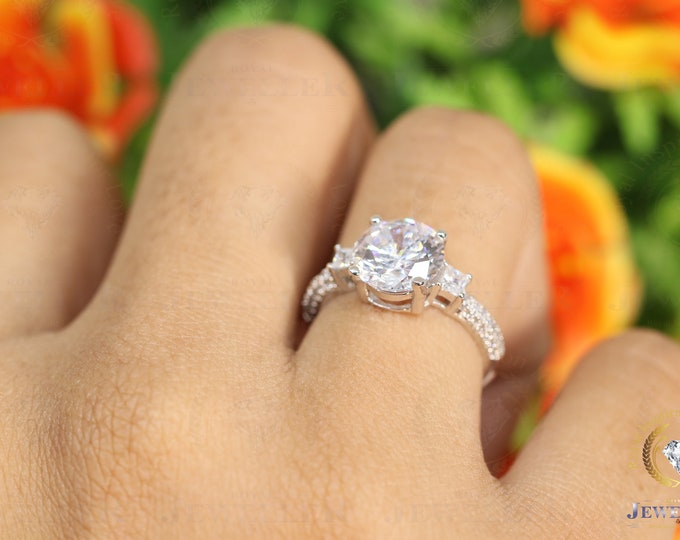 Unique Rare Round-Princess Colorless Moissanite Three Stone Engagement Ring, 14K White Gold Dainty Promise Ring, Anniversary Gift For Women