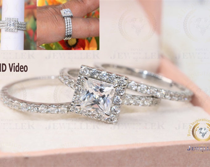 Princess Colorless Halo Ring Set For Gift ,4.21CTW Moissanite Engagement Ring, Two Matching Band, Wedding Trio Ring Set, Halo Ring For Women