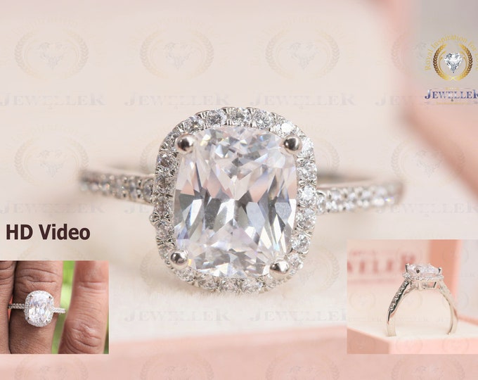 4.37CT Brilliant Cut Colorless Elongated Cushion Cut Moissanite Ring/ Colorless Moissanite Halo Ring/ Two Tone Moissanite Engagement Ring