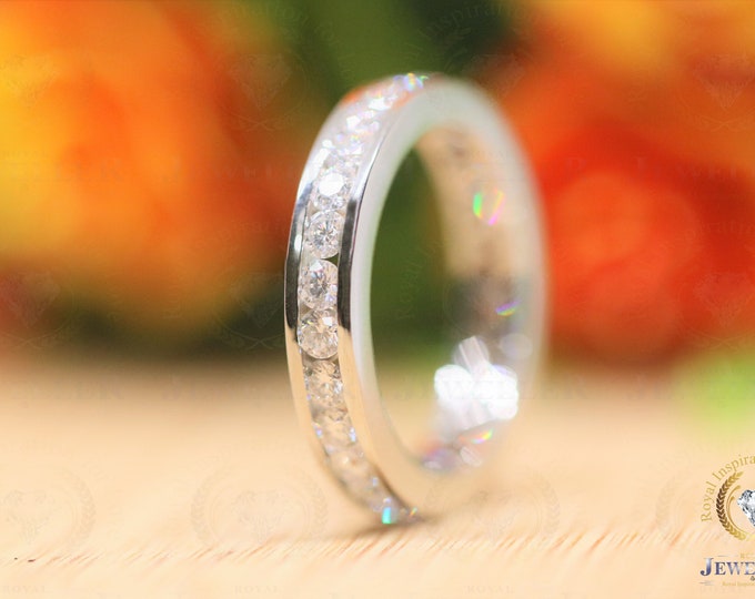 2.78Carat Colorless Moissanite Full Wedding Band 14K Channel Setting Eternity Band Anniversary Stackable Ring, 14Kt White Gold Wedding Band