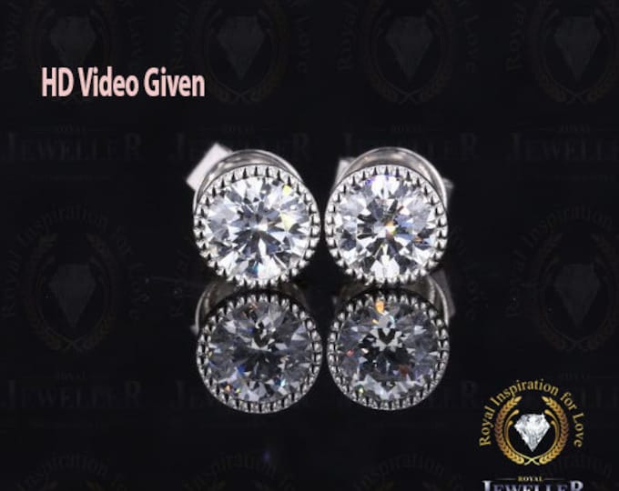 4Ctw Bezel Set 14K Solid Gold Moissanite Earring Studs Colorless Moissanite Miligrain Earrings, Brilliant Round Earring Studs Birthday Gift