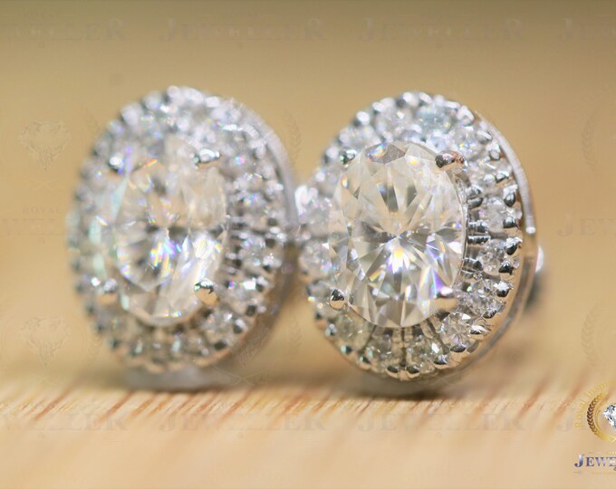 2.83Ctw Oval Cut Stud Earring , Forever Colorless Moissanite Stud Earring For Woman, Halo Earring For Gift Platinum, S925, 18KT, 10KT, 14KT