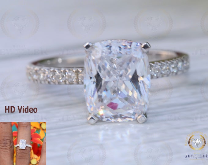 3.46CT Elongated Cushion Cut Colorless Moissanite Ring /Solitaire Accent Ring /14Kt White Gold Engagement Ring / Wedding Jewelry For Brides