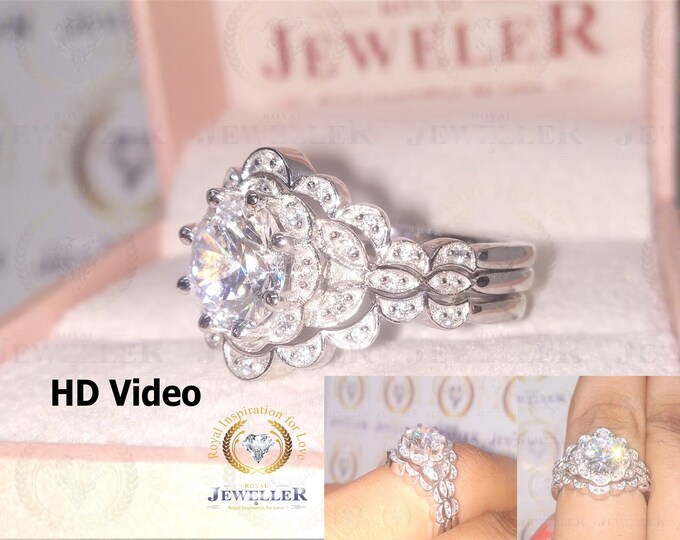 Gorgeous 2.7CT Round Cut Colorless Moissanite Engagement Ring Sets, Eternity Matching Band Set, Trio Set, Gold Wedding Set, Anniversary Set