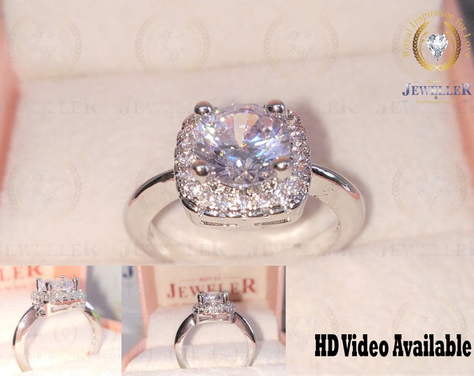 Round Cut Halo Ring, 1.67Ct Round EF Color Moissanite Ring, 0.19CT Moissanite Accent Engagement Ring,10K / 14K / 18K White Gold Halo Ring