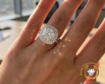 Cushion 3.11CTW VVS Moissanite 14KT White Gold Engagement Ring Set, Double Halo Bridal Ring
